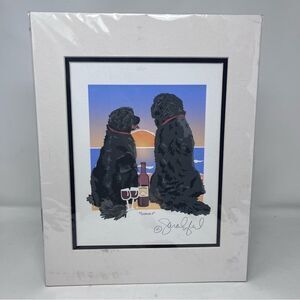 Newfoundland Dogs Red Wine Beach Sunset Matted Art Print 14x11 Unframed